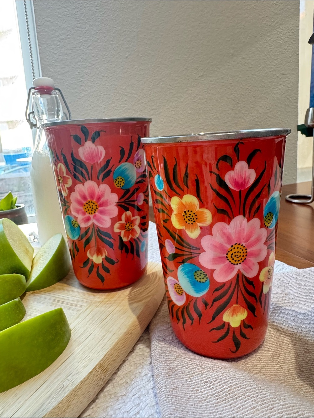 Hand-Painted Floral Orange Enamelware Tumbler - Home Dining